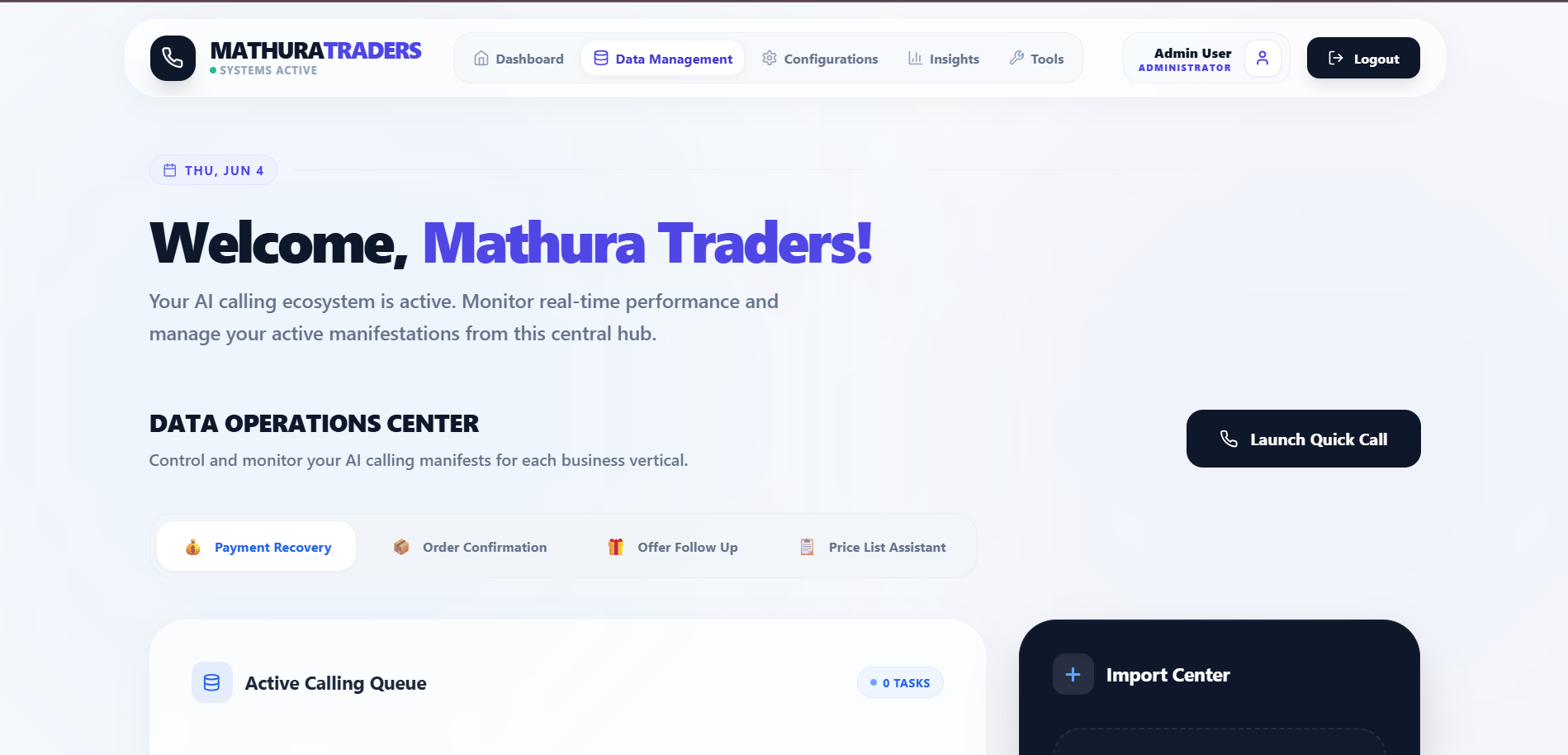 Mathura Traders AI calling dashboard